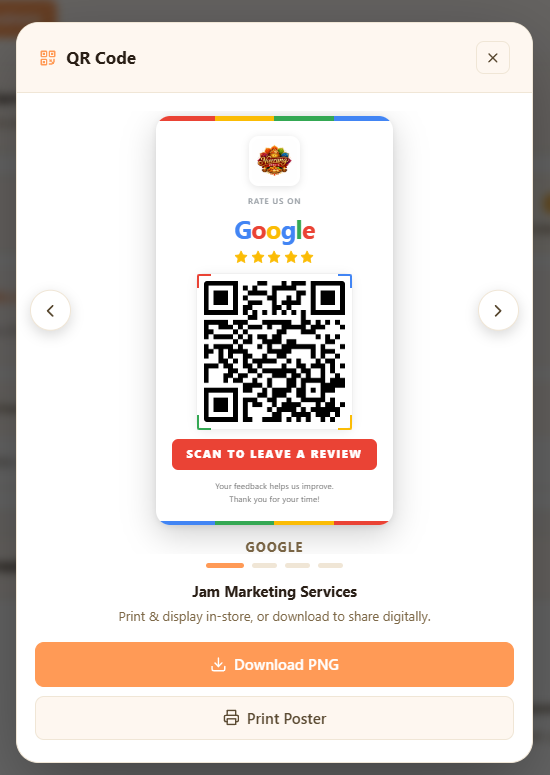 Generated Google Review QR code poster in Google style with Download PNG and Print Poster buttons